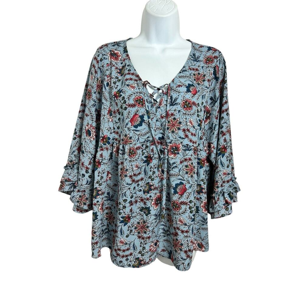 Women's Sanctuary Blue Boho Peasant Blouse Sz S 3/4 Sleeve Top Laced V-Neck